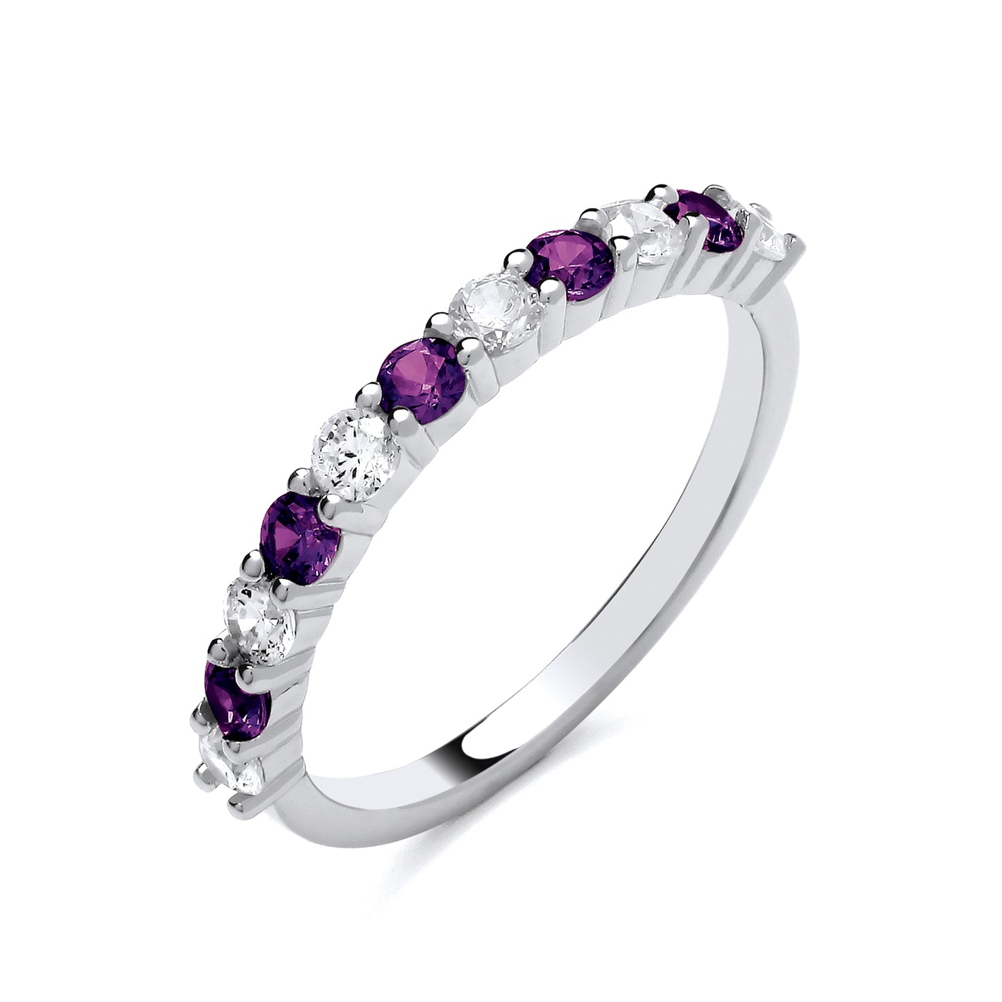925 Silver Amethyst & Cubic Zirconia Set Band Ring
