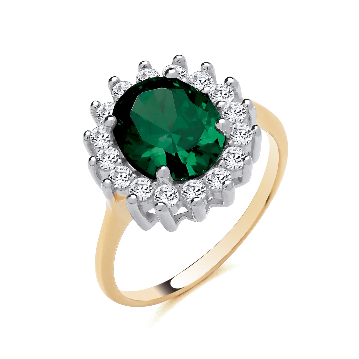 925 Silver Gold Plated Emerald & Cubic Zirconia Set Large Oval Ring