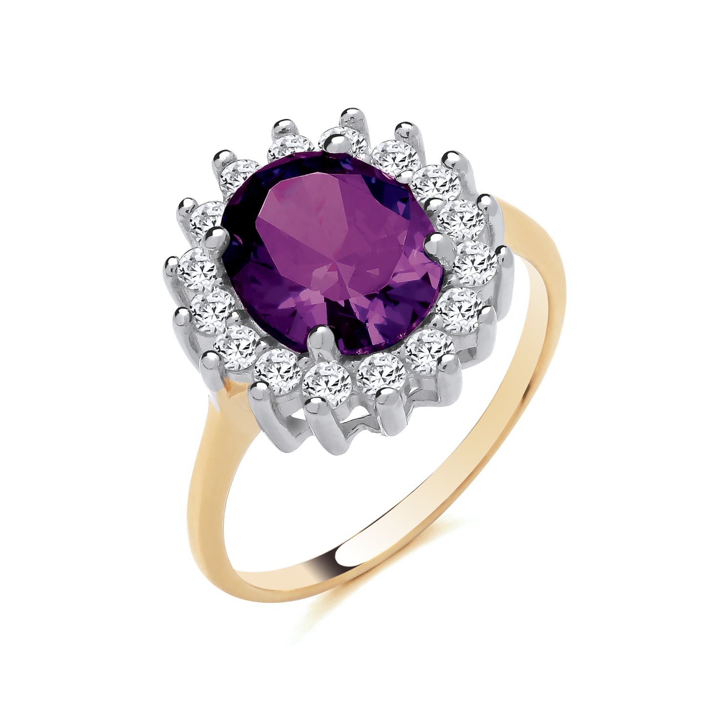 925 Silver Gold Plated Amethyst & Cubic Zirconia Set Large Oval Ring