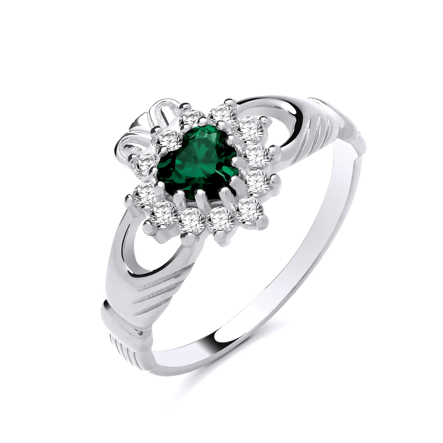 925 Silver Emerald & Cubic Zirconia Set Claddagh Ring