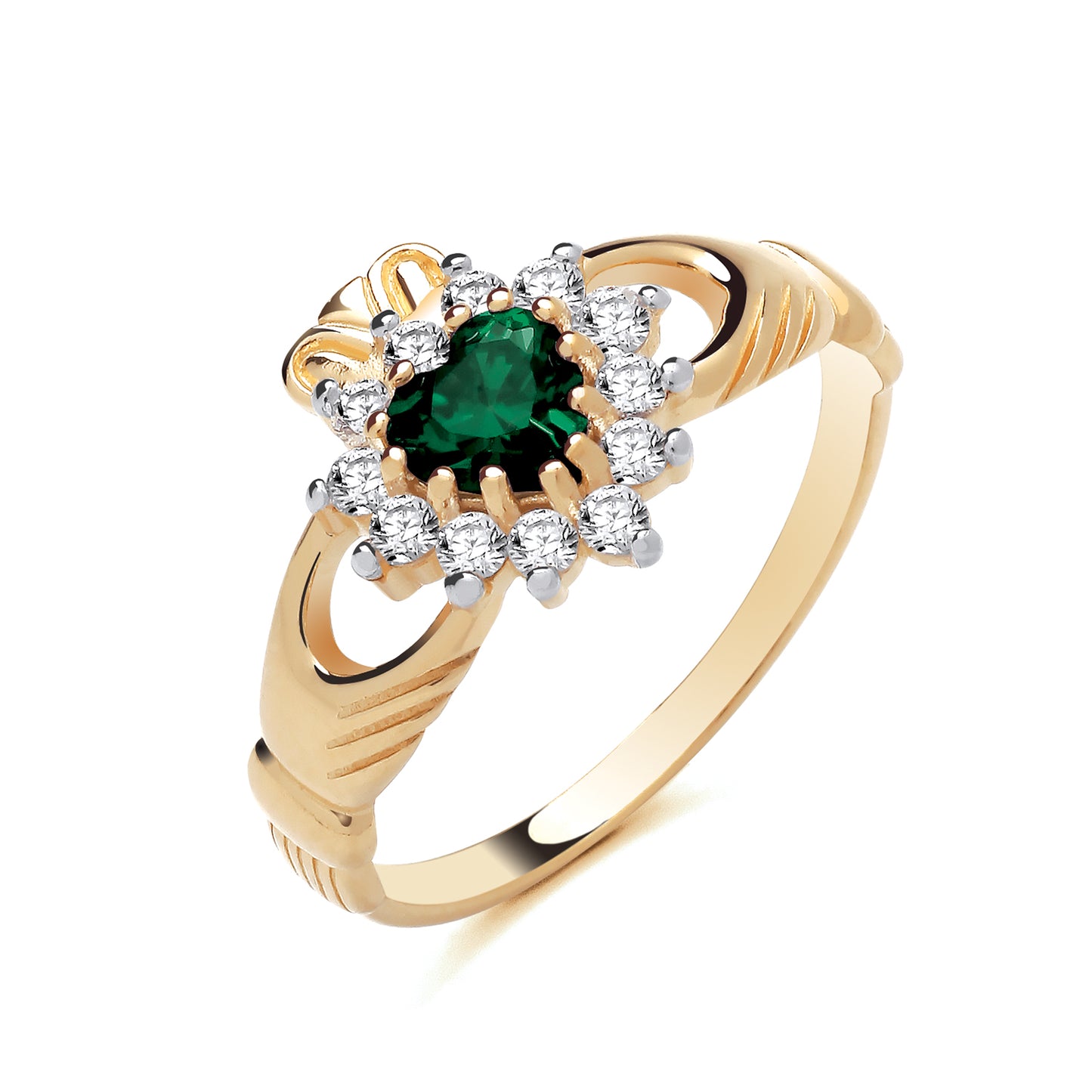 925 Silver Gold Plated Emerald & Cubic Zirconia Set Claddagh Ring