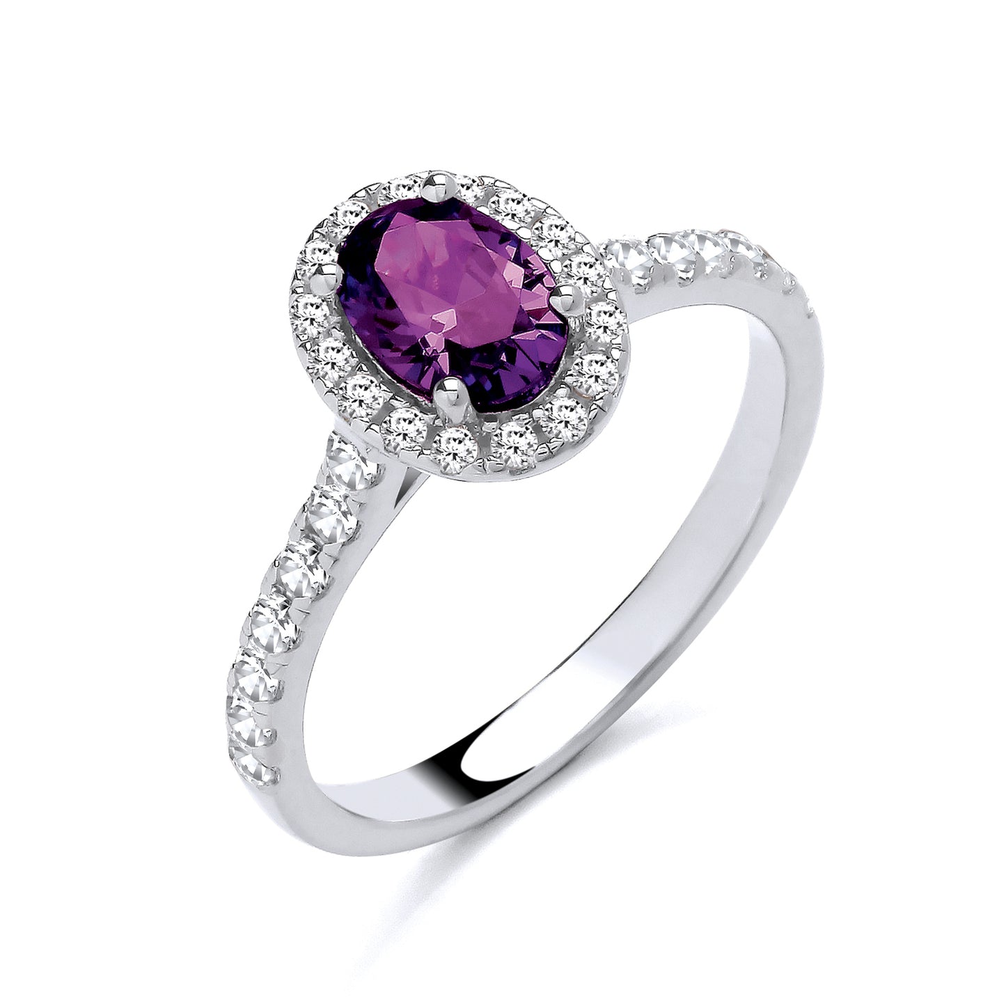 925 Silver Amethyst & Cubic Zirconia Set Oval Ring