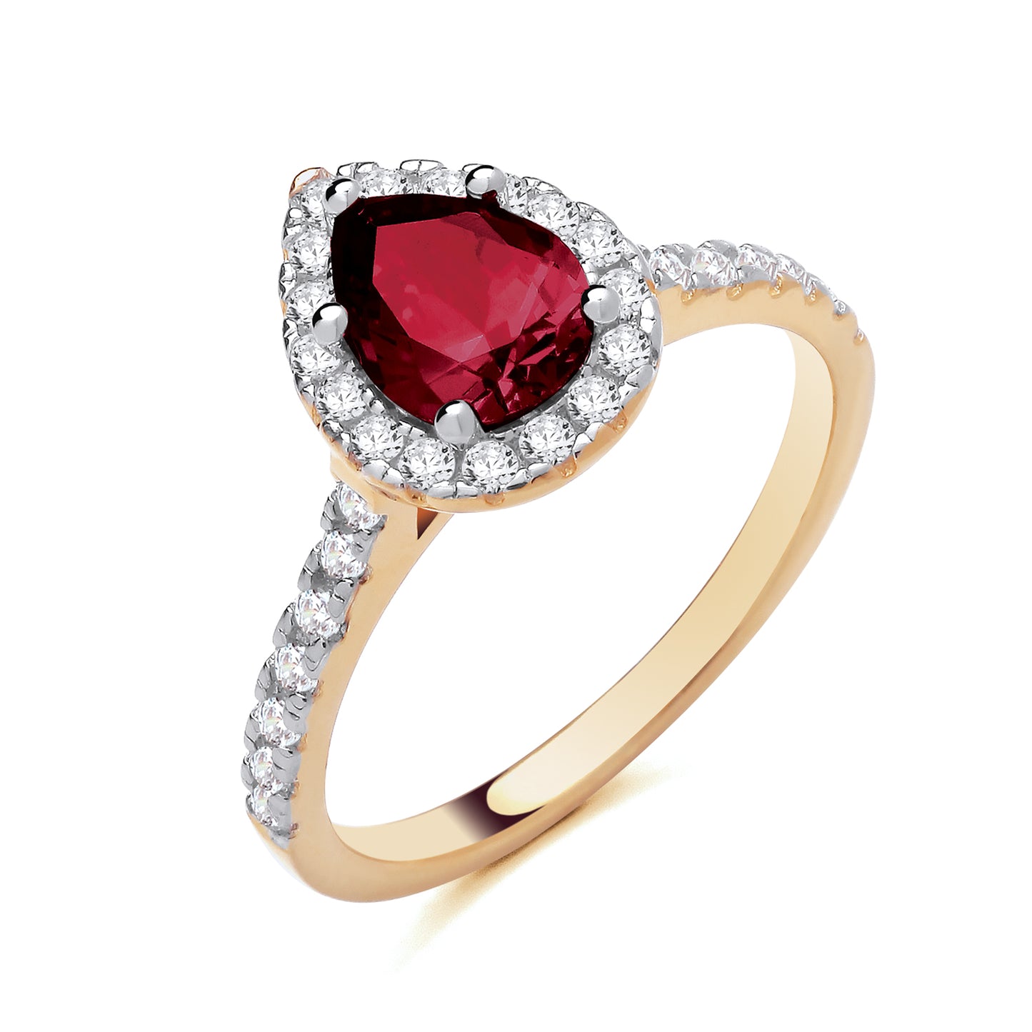 925 Silver Gold Plated Ruby & Cubic Zirconia Set Teardrop Ring