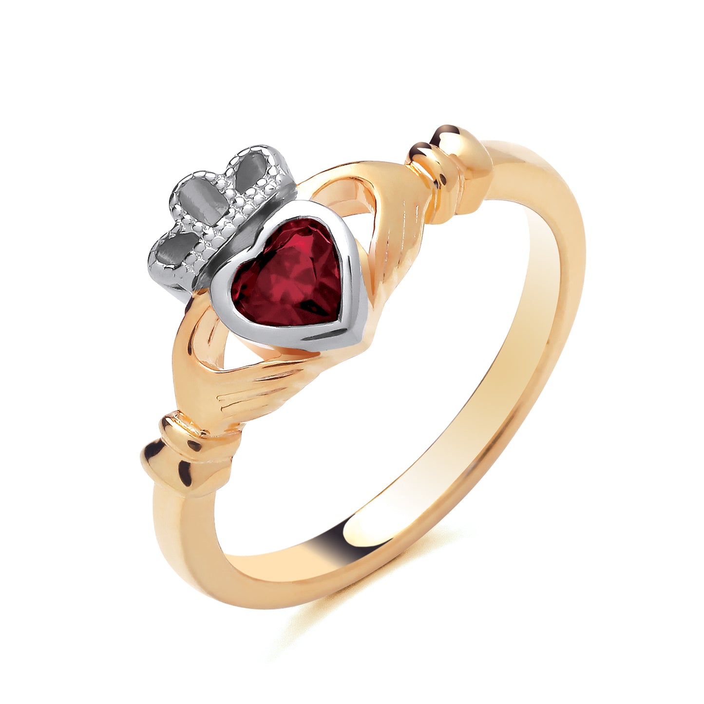 925 Silver Gold Plated & Ruby Claddagh Ring