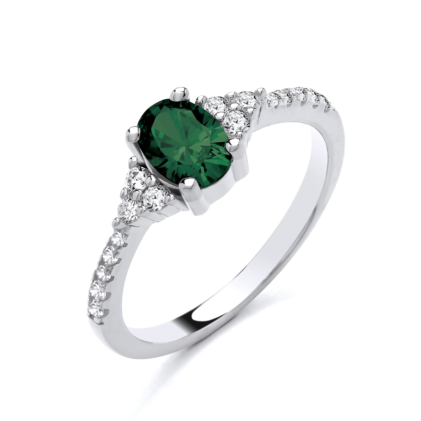925 Silver Emerald & Cubic Zirconia Set Oval Ring