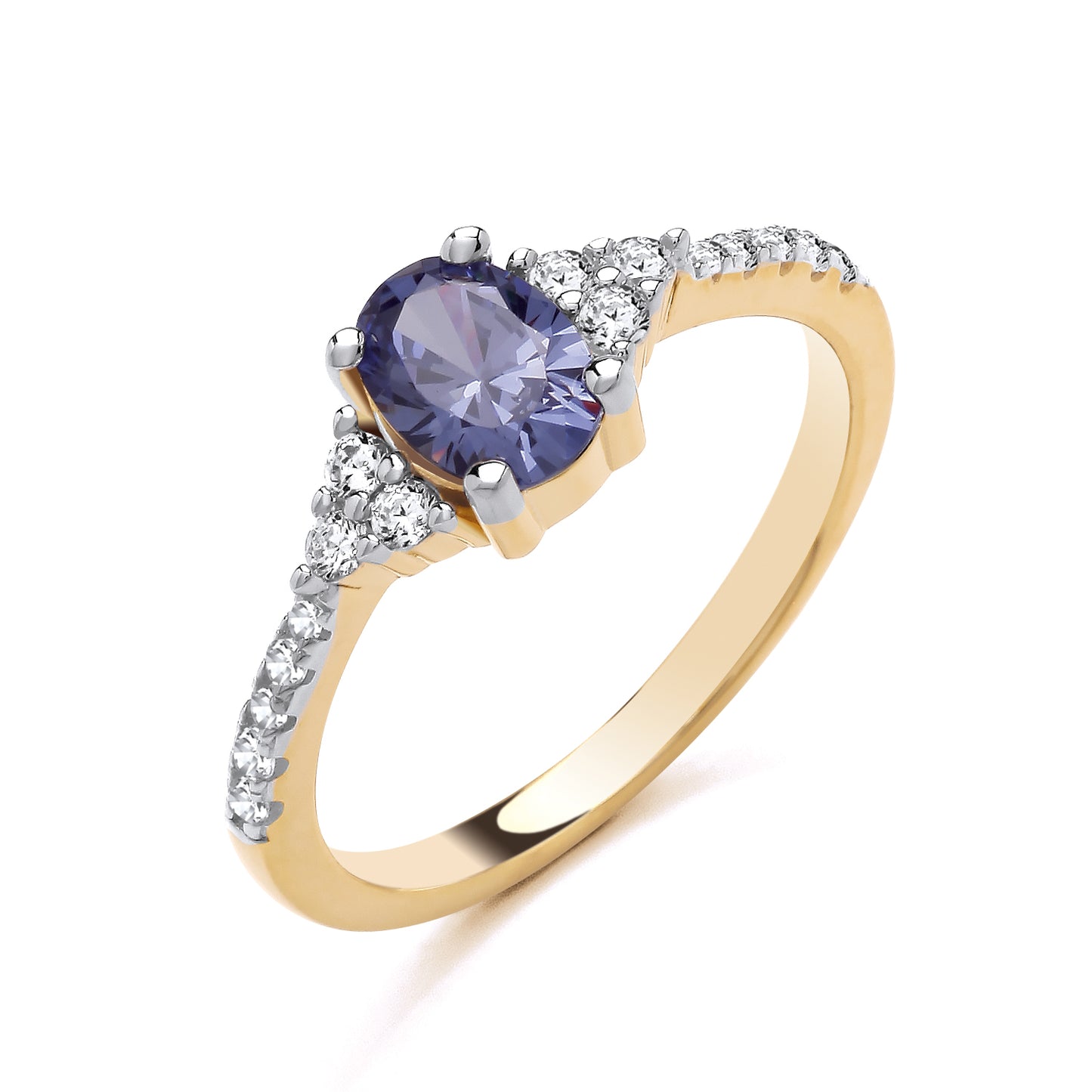 925 Silver Gold Plated Tanzanite & Cubic Zirconia Set Oval Ring
