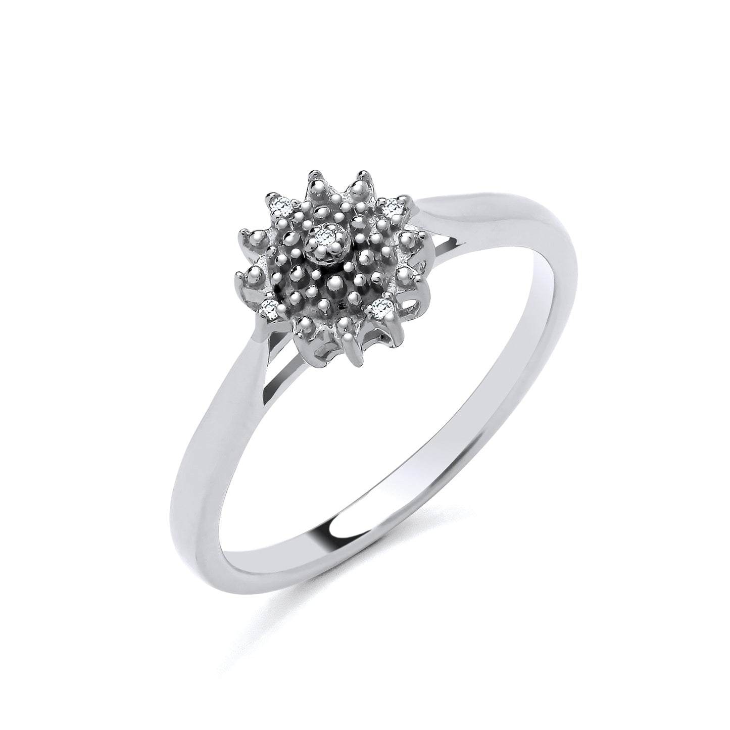 New 925 Silver & Natural Diamond Set Cluster Ring available in various sizes. The front of the ring is approx 8mm high
