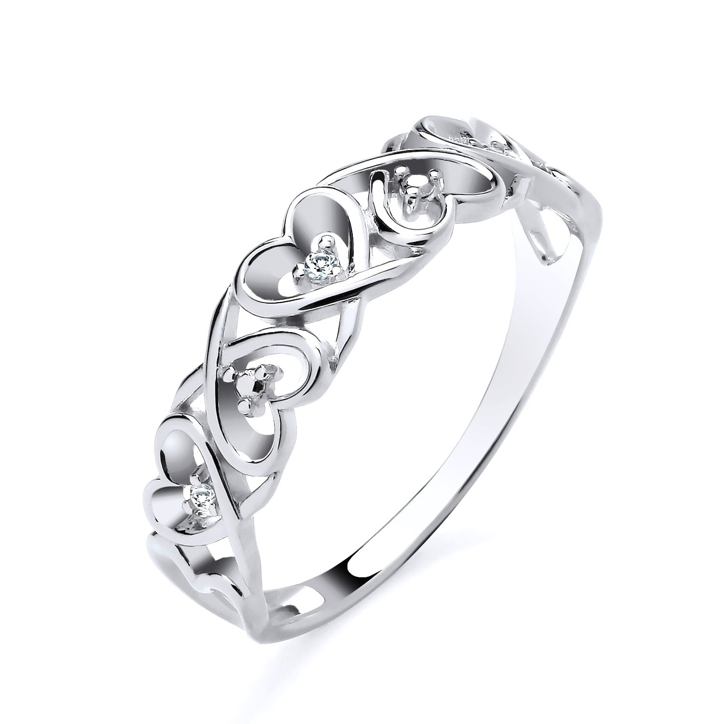 New 925 Silver & Natural Diamond Set Open Heart Band Ring available in various sizes. The front of the ring is approx 5mm high