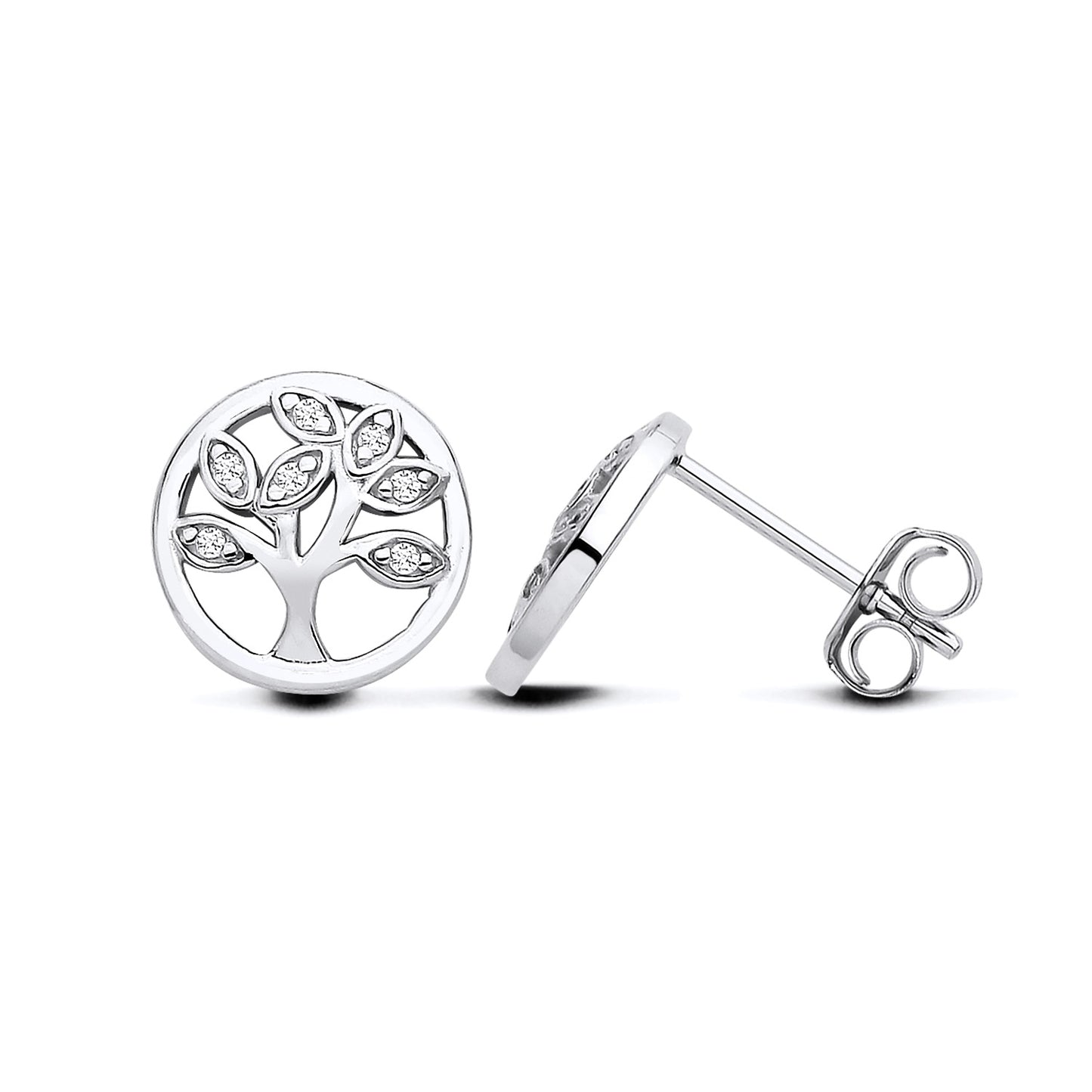 New 925 Silver & Cubic Zirconia Tree of Life Round Stud Earrings with the weight 1.80 grams. Earring Face 10.5mm Diameter