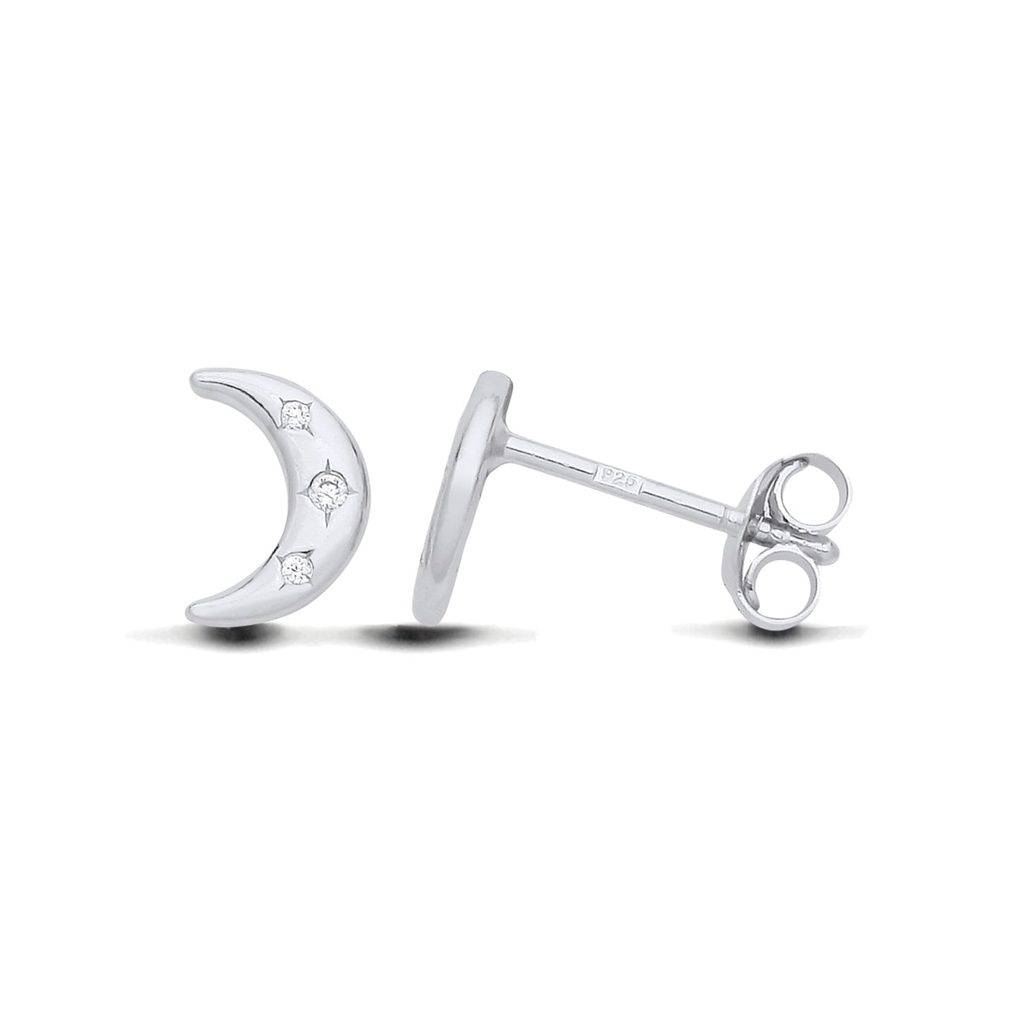 New 925 Silver & Cubic Zirconia Crescent Moon Stud Earrings with the weight 0.80 grams. Earring Face Length 8mm