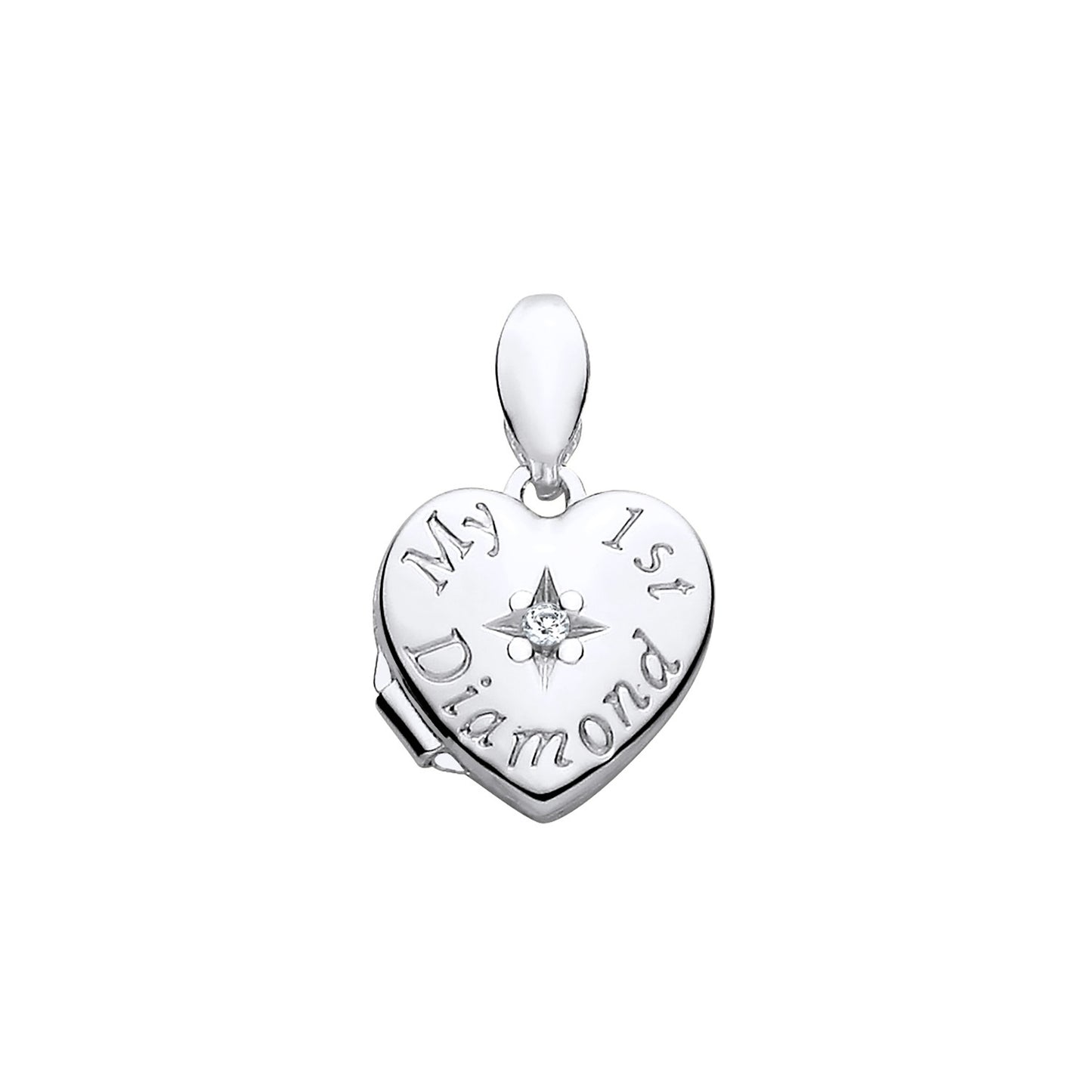 New 925 Silver & Natural Diamond Set 'My First Diamond' Heart Locket with the weight 0.90 grams. Total Length inc Bale 16mm Width of Locket 10.2mm
