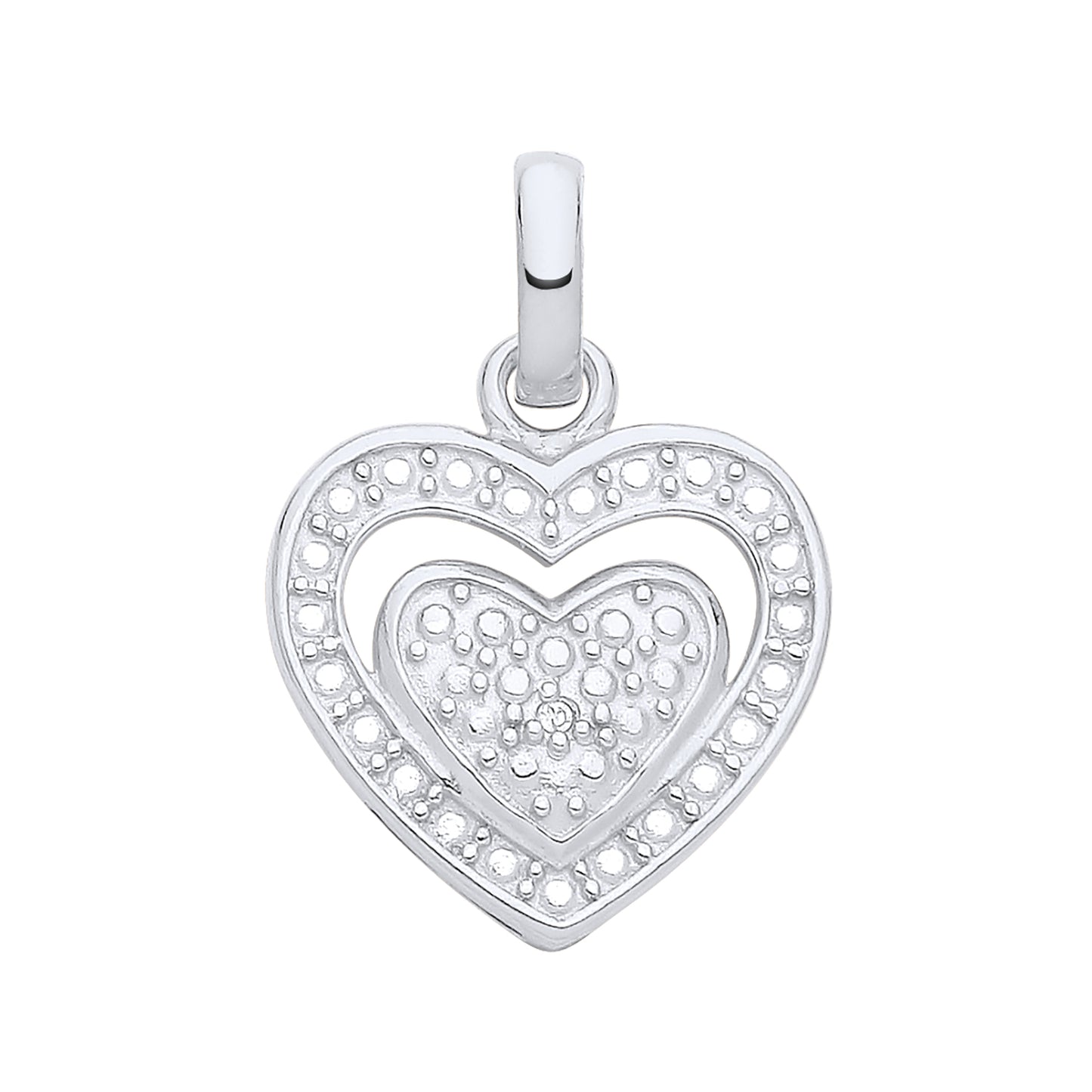 New 925 Silver & Natural Diamond Set Open Double Heart Pendant with the weight 1.50 grams. Total Length 20mm Max Width 14mm