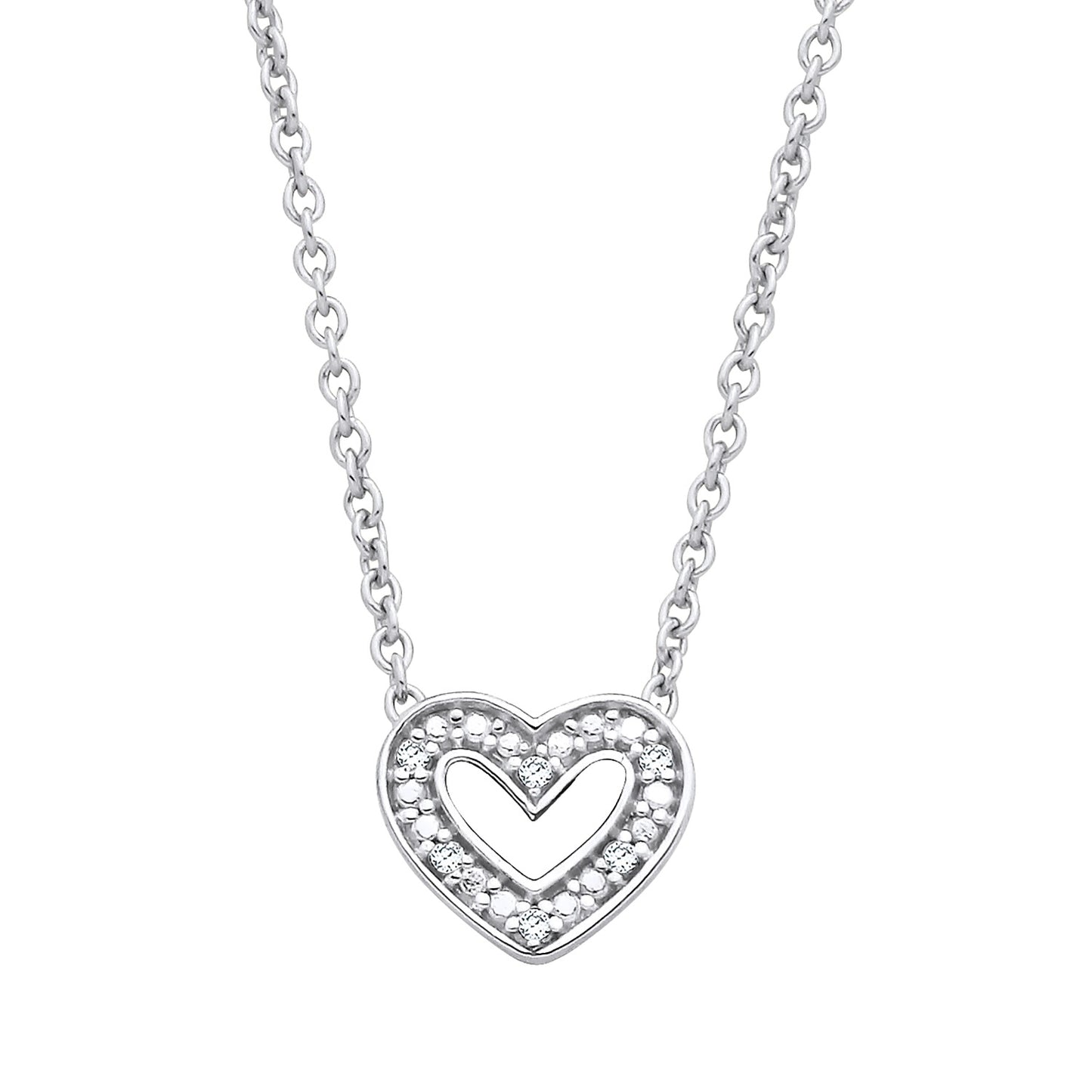 New 925 Silver & Natural Diamond Set Open Heart 18" Necklace with the weight 1.70 grams. Length 16 1 1 inch (18 inch Total)
