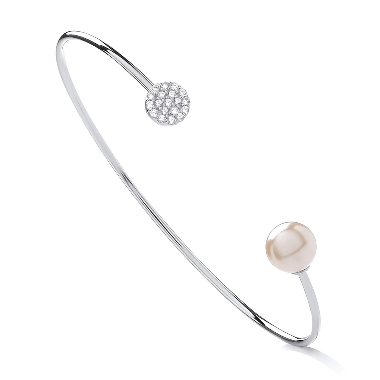 925 Silver Pearl & Cubic Zirconia Circle Set Torque Bangle