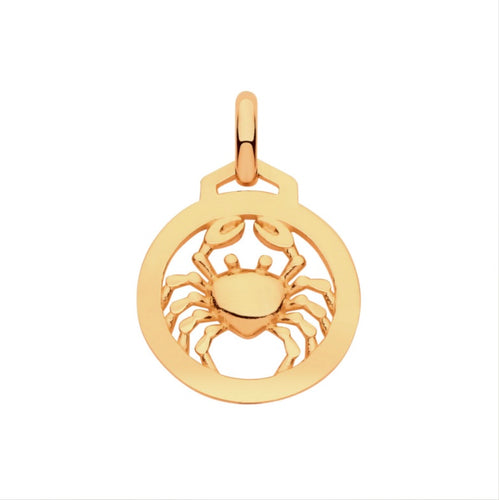 New 9ct Yellow Gold Zodiac Round Cancer Pendant with the approximate weight 0.75 grams. The pendant is 18mm long including the bail by 12mm wide