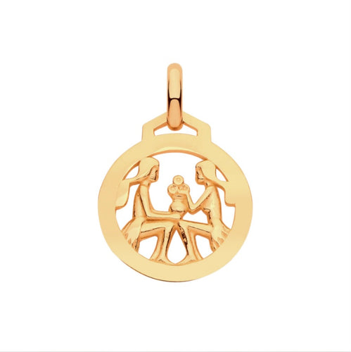 New 9ct Yellow Gold Zodiac Round Gemini Pendant with the approximate weight 0.75 grams. The pendant is 18mm long including the bail by 12mm wide
