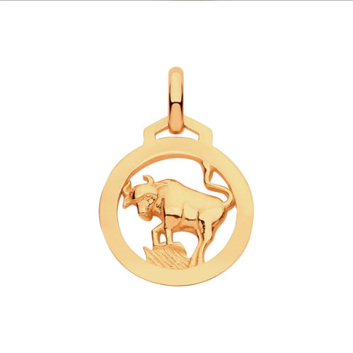 New 9ct Yellow Gold Zodiac Round Taurus Pendant with the approximate weight 0.75 grams. The pendant is 18mm long including the bail by 12mm wide
