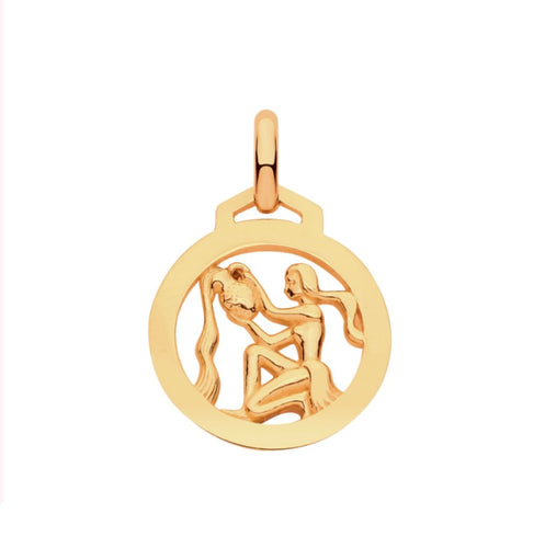 New 9ct Yellow Gold Zodiac Round Aquarius Pendant with the approximate weight 0.75 grams. The pendant is 18mm long including the bail by 12mm wide