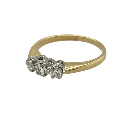 Bring timeless elegance and meaningful symbolism to your jewellery collection with this pre-owned 18ct yellow gold diamond set trilogy ring, offering classic sparkle in a refined and wearable design—perfect for everyday wear or special occasions.
Design: The ring features three diamonds arranged in a traditional trilogy style, symbolising past, present, and future, and creating a beautifully balanced and elegant look.