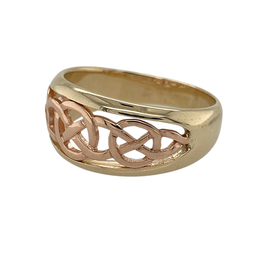 Add bold Celtic symbolism and distinctive two-tone style to your jewellery collection with this pre-owned 9ct yellow and rose gold Clogau open Celtic knot band ring, offering striking design with timeless meaningβperfect for everyday wear or statement styling.
Design: The ring features an open Celtic knot design across the front, measuring approximately 10mm in width, creating a bold and eye-catching focal point with flowing interlaced detail.