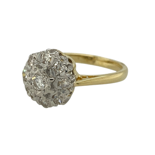Add timeless floral elegance and vintage charm to your jewellery collection with this pre-owned 18ct yellow gold and diamond set vintage flower cluster ring, offering classic design with beautiful sparkle—perfect for special occasions or collectors of vintage jewellery.
Design: The ring features a flower-inspired cluster arrangement forming a striking front measuring approximately 10mm in height, creating an elegant and eye-catching focal point.