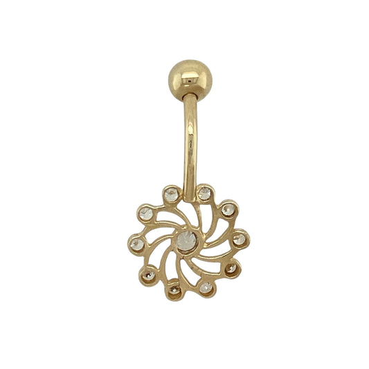 Add decorative sparkle and playful elegance to your jewellery collection with this pre-owned 9ct yellow gold cubic zirconia swirl flower belly bar, offering eye-catching design with a feminine touch.
Design: This belly bar features a swirl flower design accented with cubic zirconia, creating a sparkling and decorative look that catches the light beautifully.
Material: Made from 9-carat yellow gold, the warm polished finish enhances the floral detailing and complements the brilliance of the cubic zirconia.