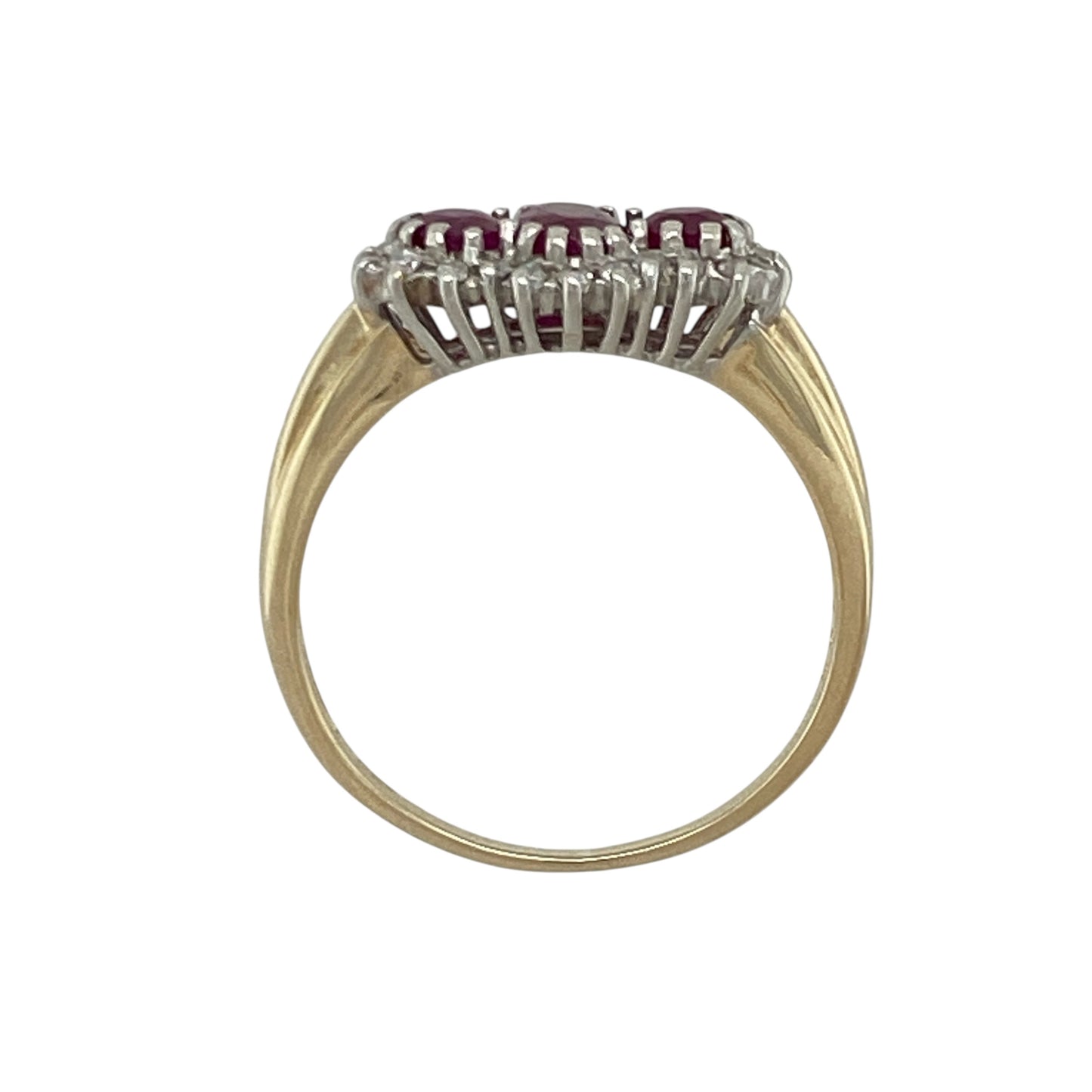 9ct Gold Diamond & Ruby Set Cluster Trilogy Ring