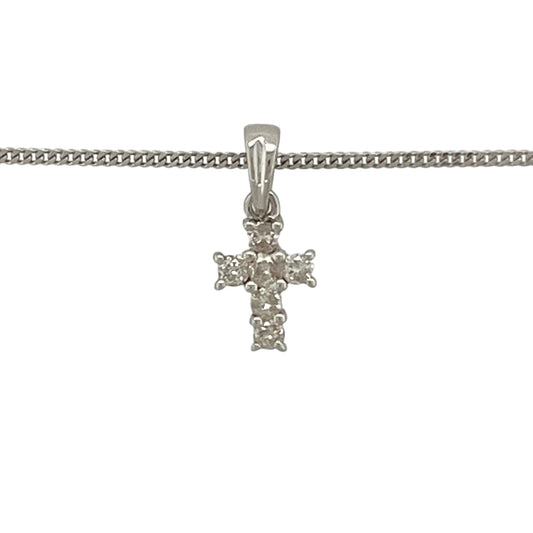 Add delicate sparkle and meaningful symbolism to your jewellery collection with this pre-owned 9ct white gold diamond set cross pendant necklace, featuring a timeless and elegant design—perfect for everyday wear or as a thoughtful gift.
Design: The pendant is styled as a classic cross and is accented with small sparkling diamonds, creating a refined and elegant look. Measuring approximately 1.4cm in length including the bail, the pendant offers a subtle yet noticeable presence.