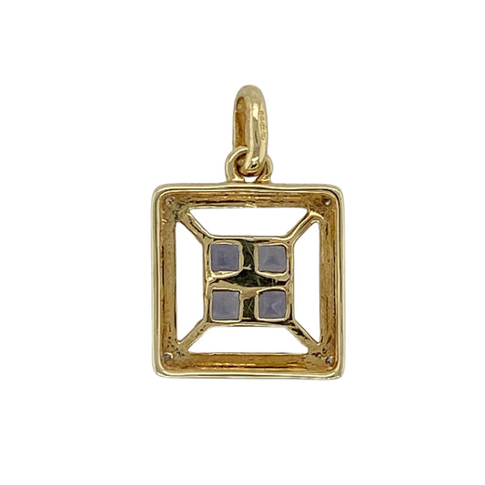 Add vibrant colour and modern elegance to your jewellery collection with this pre-owned 9ct yellow gold diamond and tanzanite square pendant, featuring a structured design with refined sparkle—perfect for everyday wear or special occasions.
Design: The pendant features square-cut tanzanite stones, each measuring approximately 3mm by 3mm, arranged in a clean geometric formation, complemented by diamond accents for added brilliance.