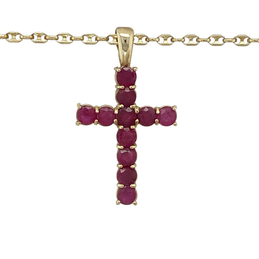 Add a meaningful touch of colour and elegance to your collection with this pre-owned 9ct yellow gold ruby set cross pendant on an anchor chain necklace—an eye-catching piece with timeless appeal.
Design: The necklace features a classic cross pendant measuring approximately 3.7cm in length including the bail, set with ruby gemstones each measuring around 4mm in diameter, creating a rich and vibrant focal point.