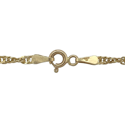 Add elegant sparkle and fluid movement to your collection with this pre-owned 9ct yellow gold Singapore chain—an eye-catching piece perfect for everyday wear or layering.
Design: The chain features a 2mm wide Singapore link design, known for its delicate twisted pattern that reflects light beautifully for a subtle shimmer.
Material: Made from 9-carat yellow gold, the polished finish enhances the warm tone of the metal while highlighting the intricate link style.