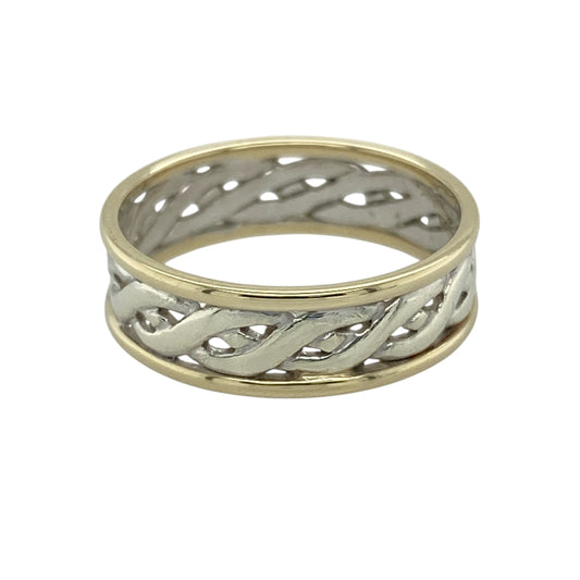 Add timeless symbolism and bold style to your collection with this pre-owned 9ct yellow and white gold Celtic weave band ring—an eye-catching piece with classic appeal.
Design: The ring features a 6mm wide band with an intricate Celtic weave pattern, creating a continuous interwoven design that symbolises eternity and connection.
Material: Made from 9-carat yellow and white gold, the two-tone finish enhances the woven detailing while adding contrast and visual interest.