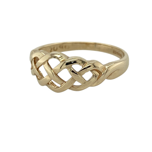 Bring timeless symbolism and intricate detail to your collection with this pre-owned 9ct yellow gold open Celtic knot ring, featuring a classic design with meaningful appeal—perfect for everyday wear or a distinctive statement piece.
Design: The ring showcases an open Celtic knot design across the front, measuring approximately 8mm in height, creating an elegant and flowing pattern with a traditional feel.