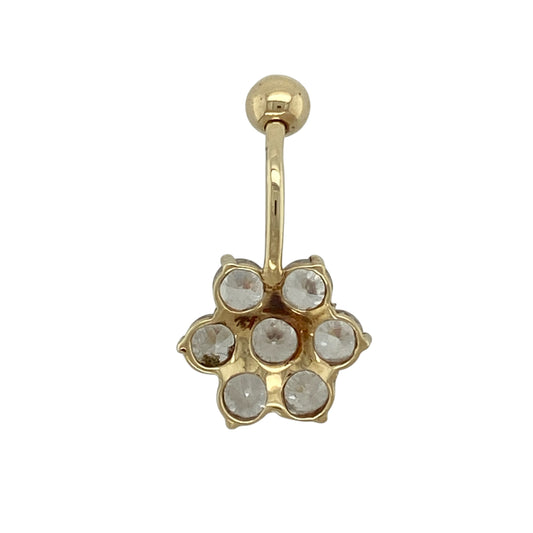 Bring playful sparkle and feminine charm to your collection with this pre-owned 9ct yellow gold cubic zirconia flower belly bar, featuring a bright and eye-catching design—perfect for adding a touch of glamour to your look.
Design: The belly bar features a flower-shaped design set with cubic zirconia stones, each approximately 5mm in diameter, creating a bold and sparkling focal point.
