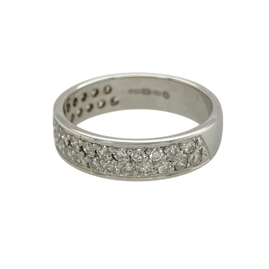 Bring timeless sparkle and sophisticated style to your collection with this pre-owned 18ct white gold diamond set band ring, featuring a bold design with luxurious brilliance—perfect for everyday wear or special occasions.
Design: The ring features a substantial band style measuring approximately 5mm in width, set with sparkling diamonds across the front for a refined and eye-catching finish.