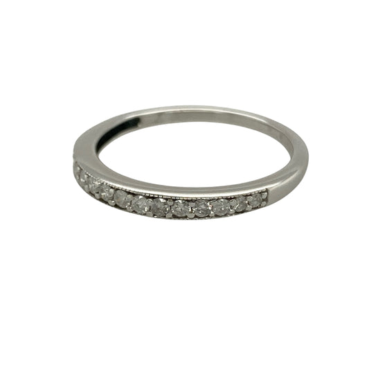 Bring elegant sparkle and timeless simplicity to your collection with this pre-owned 9ct white gold diamond set band ring, featuring a refined design with versatile appeal—perfect for everyday wear or stacking with other rings.
Design: The ring features a slim band style measuring approximately 2mm across the front, set with sparkling diamonds that create a delicate yet eye-catching finish.