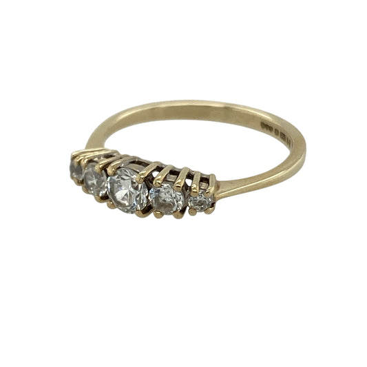 Bring classic sparkle and timeless elegance to your jewellery collection with this pre-owned 9ct yellow gold cubic zirconia five stone band ring, featuring a traditional multi-stone design with brilliant shine—perfect for everyday wear, special occasions, or as a meaningful gift.
Design: The ring showcases five sparkling cubic zirconia stones in a classic graduated band style, with the centre stone measuring approximately 4mm in diameter, creating a bright and elegant appearance across the finger.