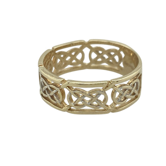 Add meaningful heritage-inspired style to your jewellery collection with this pre-owned 9ct yellow and white gold open Celtic knot band ring, featuring intricate detailing and elegant two-tone styling with timeless everyday appeal—perfect for gifting, celebrating Celtic heritage, or daily wear.
Design: The ring features an attractive open Celtic knot pattern across a 6mm wide band, creating a beautifully detailed and eye-catching appearance.