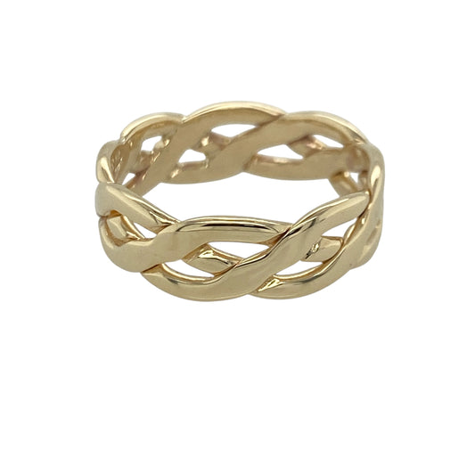 Add meaningful heritage-inspired style to your jewellery collection with this pre-owned 9ct yellow gold open Celtic knot band ring, featuring intricate openwork detailing and timeless everyday appeal—perfect for gifting, celebrating Celtic heritage, or sophisticated daily wear.
Design: The ring features an attractive open Celtic knot pattern running across a 6mm wide band, creating a beautifully detailed and eye-catching appearance.