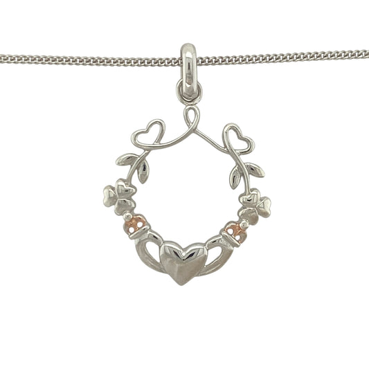 Add a touch of Celtic heritage and timeless romance to your jewellery collection with this pre-owned sterling silver and 9ct rose gold Clogau Claddagh wreath style pendant necklace, featuring a beautifully symbolic design with elegant everyday appeal—perfect for gifting, anniversaries, or meaningful daily wear.
Design: The necklace features an intricate Claddagh wreath style pendant measuring approximately 3.3cm in length including the bail.