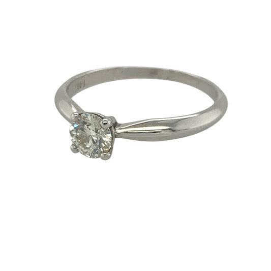 Add timeless elegance and impressive brilliance to your jewellery collection with this pre-owned 14ct white gold diamond solitaire ring, featuring a classic design with exceptional sparkle and enduring appeal—perfect for engagements, special occasions, or sophisticated everyday wear.
Design: The ring showcases a stunning brilliant cut diamond weighing approximately 0.44ct, creating a striking focal point with beautiful fire and brilliance.