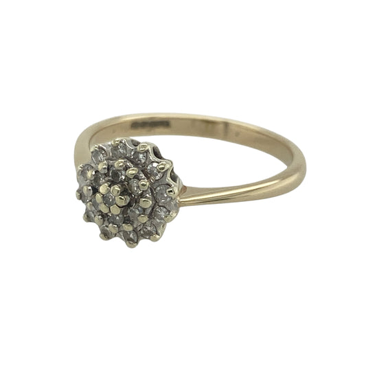 Add timeless sparkle and elegance to your jewellery collection with this pre-owned 9ct yellow gold diamond cluster ring. Featuring a classic cluster design and beautifully arranged diamonds, this attractive ring offers eye-catching brilliance and enduring appeal.
Design: The ring showcases a diamond cluster setting at the front, measuring approximately 9mm in height.
