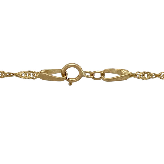 Add timeless elegance to your jewellery collection with this pre-owned 9ct yellow gold Singapore chain, featuring beautifully twisted links that create exceptional sparkle and a classic look for everyday wear or layering with your favourite pendant.
Design: The chain features the distinctive Singapore link design, with delicate twisted links that catch the light from every angle. Measuring 16 inches in length with a 2mm link width, it offers an elegant and versatile style.