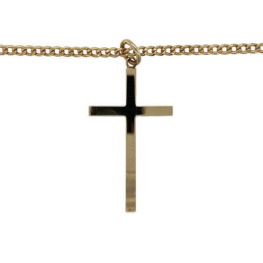 Make a timeless statement of faith with this pre-owned 9ct yellow gold plain large cross pendant necklace, featuring a classic polished cross suspended from a substantial 22-inch curb chain.
Design: The necklace showcases a large plain cross pendant with clean, smooth lines and a polished finish that highlights its timeless simplicity. Measuring approximately 4.9cm long including the bail, the cross creates an elegant and meaningful focal point suitable for everyday wear or special occasions.