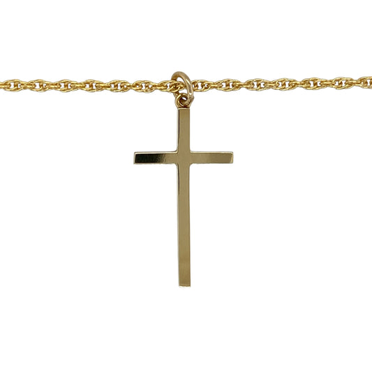 Carry a timeless symbol of faith with this pre-owned 9ct yellow gold plain cross pendant necklace, featuring a classic polished cross suspended from an elegant 15-inch Prince of Wales chain.
Design: The necklace showcases a beautifully crafted plain cross pendant with a smooth polished finish that highlights its clean, classic lines. Measuring approximately 3.1cm in length including the bail, the cross offers a refined yet noticeable presence, making it suitable for everyday wear or special occasions.