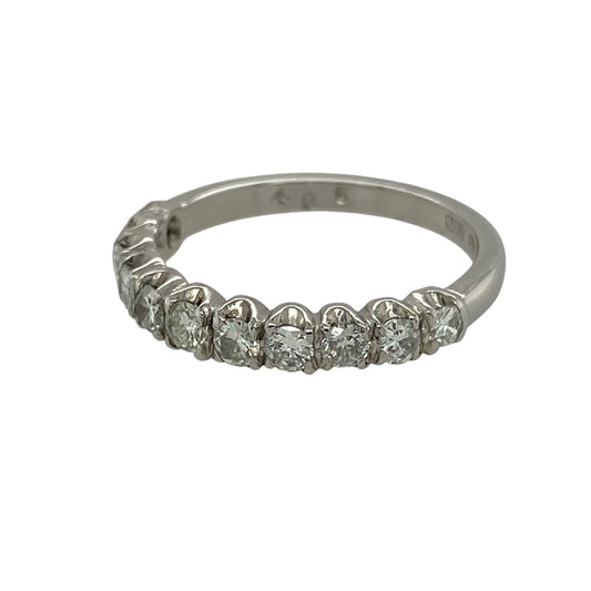 Add timeless sparkle and refined elegance to your fine jewellery collection with this pre-owned 18ct white gold diamond band ring, featuring approximately 0.44ct of diamond content in a classic and versatile design.
Design: The ring showcases an elegant diamond-set band design measuring approximately 3mm wide across the front. Its refined proportions and sparkling diamond detailing create a timeless appearance suitable for everyday wear, special occasions or pairing alongside other rings.