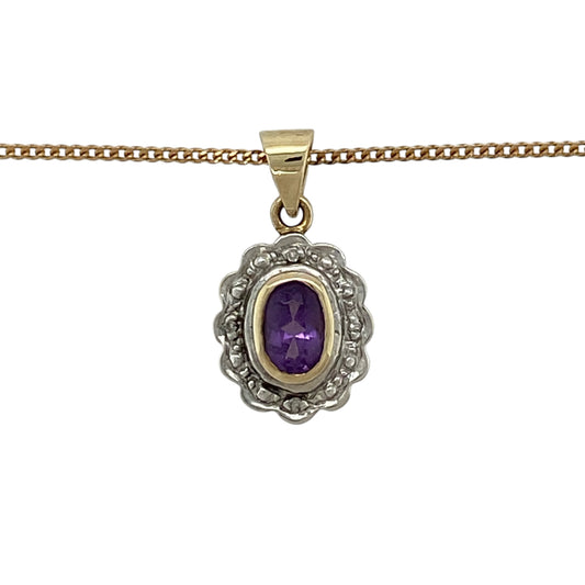 Add rich colour, refined sparkle and versatile two-tone styling to your jewellery collection with this pre-owned 9ct yellow and white gold diamond and amethyst cluster pendant necklace, featuring a classic gemstone design suspended from a 20-inch curb chain.
Design: The necklace showcases an elegant cluster pendant centred around an oval amethyst and complemented by diamond detailing, creating an attractive combination of rich colour and sparkle with a versatile two-tone appearance.