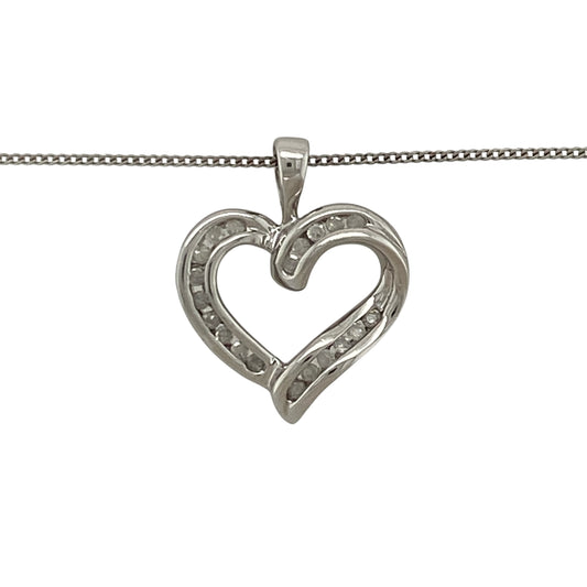 Add romantic sparkle and timeless elegance to your jewellery collection with this pre-owned 9ct white gold and diamond open heart pendant necklace, featuring a delicate heart design suspended from an 18-inch fine curb chain—perfect for everyday wear, special occasions, or as a meaningful gift for someone special.
Design: The necklace features an elegant open heart pendant accented with sparkling diamonds, creating a romantic and timeless design with a delicate, feminine appearance.