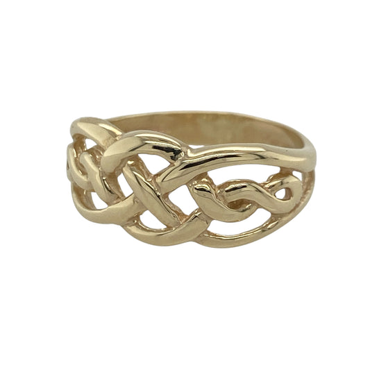 This pre-owned 9ct yellow gold Celtic knot ring features an intricate openwork design, symbolising eternity and connection in a timeless piece that is ideal for everyday wear.
Design: The ring showcases a traditional Celtic knot pattern across the front, creating an elegant and meaningful design with a classic appearance. Its detailed styling makes it a versatile addition to any jewellery collection.
Material: Made from 9-carat yellow gold.
