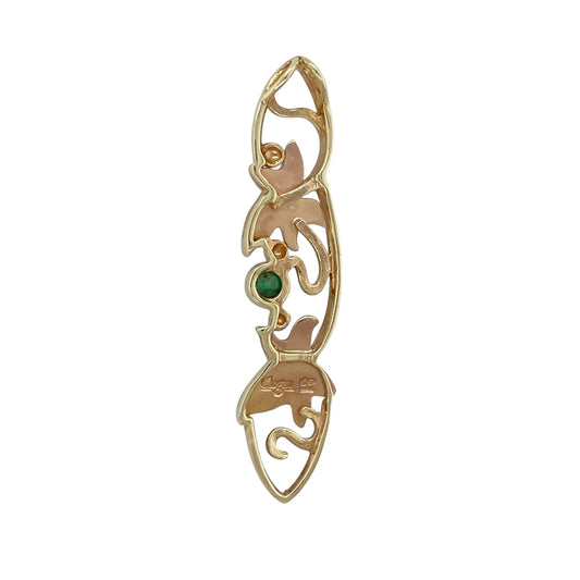 This pre-owned 9ct yellow and rose gold Clogau Lady of Caerphilly pendant is an elegant piece featuring the iconic Clogau design, beautifully enhanced with a cabochon emerald.
Design: The pendant showcases the Lady of Caerphilly design in a combination of 9-carat yellow and rose gold, accented by a round cabochon emerald. Its elongated silhouette and intricate detailing make it a striking statement piece inspired by Welsh heritage.
Material: Made from 9-carat yellow and rose gold.